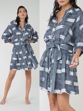 BAZAR Deluxe • Linen Chemisier Dress grey linen ikat tie waist mini shirtdress
